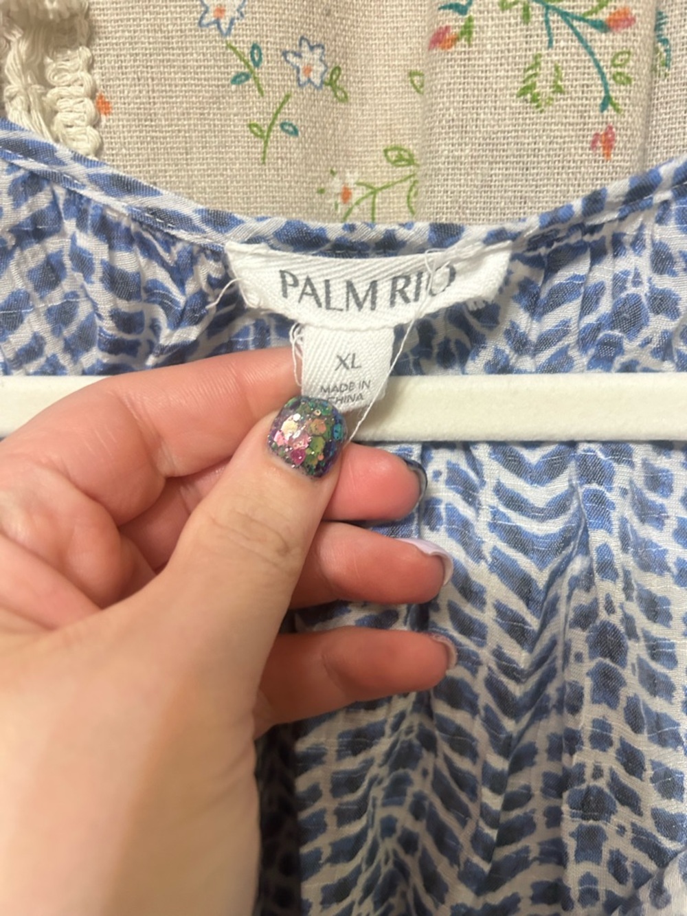 2/$28 Blue White Boho Peasant Blouse Tassel Tie Gauzy Coastal Top XL - Picture 3 of 5